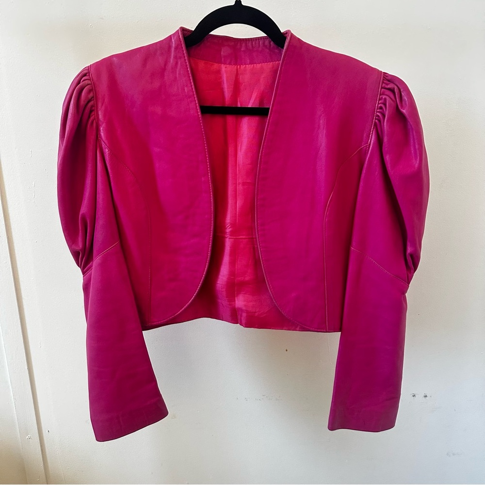 Hot Pink Vintage Lambskin Leather Cropped Jacket | Puff Sleeve Bolero | M - Picture 2 of 8